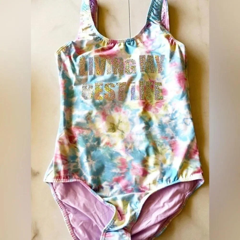 Anthropologie PilyQ living my best life, tie-dye rainbow, one piece groovy swim